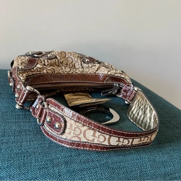 Guess Brown & Tan Shoulder Bag Y2K Linen Handbag - Picture 3 of 15